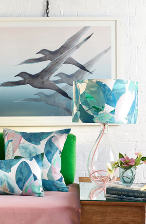 Falling Leaves in Winter large lamp on Rose flex, with Falling leaves in Winter cushions and Breathe print by Anna Jacobs - lifestyle