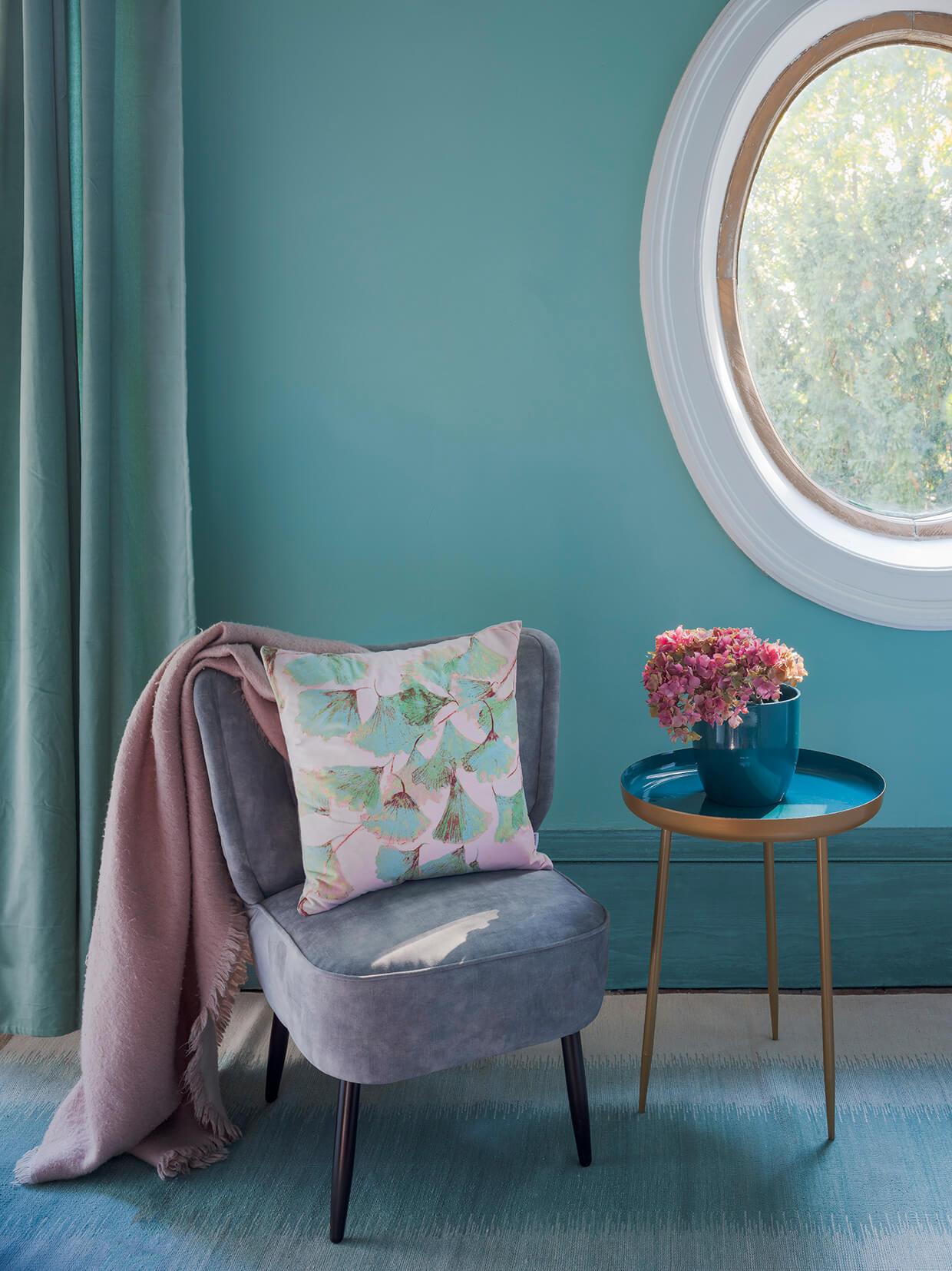 Green and pink velvet cushion - Ginkgo in Jade - by Anna Jacobs