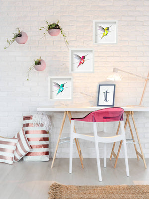 Three small framed hummingbird prints, by Anna Jacobs, on wall behind desk