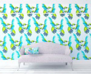 Sipping Nectar wallpaper by Anna Jacobs with picture rail and Falling Leaves in Summer bolster cushion on grey sofa