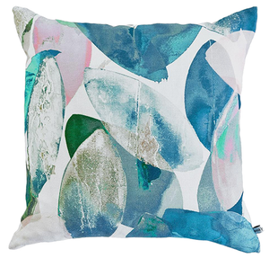 Abstract designer cushion in blue and green - Falling Leaves in Winter - by Anna Jacobs
