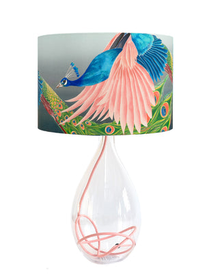Peacock lamp shade on glass lamp base with rose flex by Anna Jacobs
