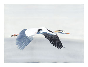 Heron flying in grey and warm yellow print - Streamline by Anna Jacobs
