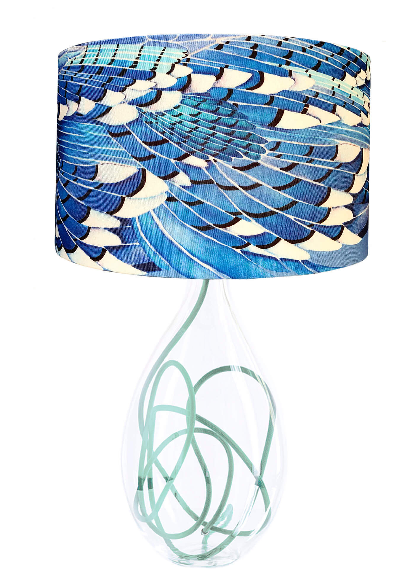 Blue Jay Wing Glass lamp base with Jade flex, designed by Anna Jacobs