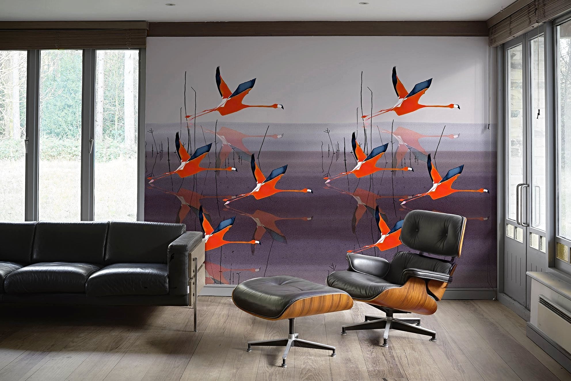 Breaking Dawn in Orange mural wallpaper by Anna Jacobs, lifestyle image in mid century modern apartrment