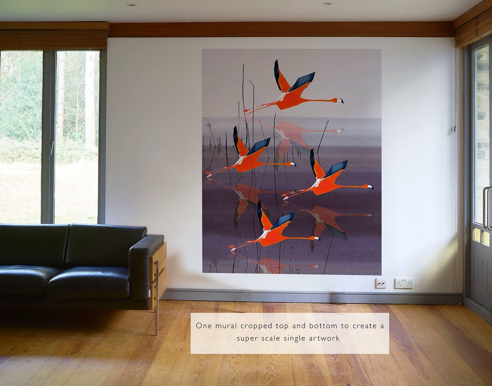 Breaking dawn in Orange mural by Anna Jacobs, hung as repeat wallpaper in a modern apartment