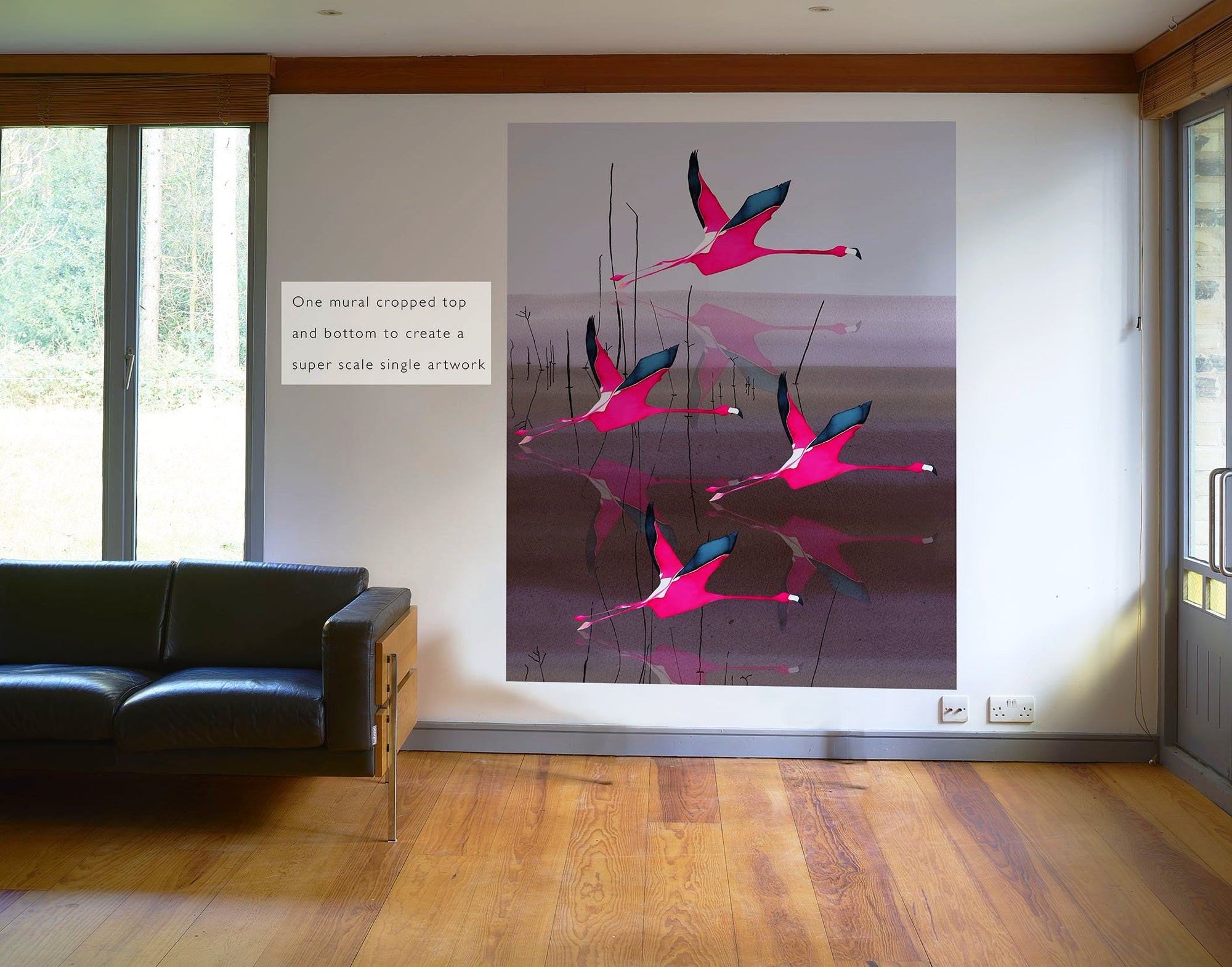 Breaking Dawn in Pink mural wallpaper by Anna Jacobs cropped as a super scale artwork in a mid century modern apartment