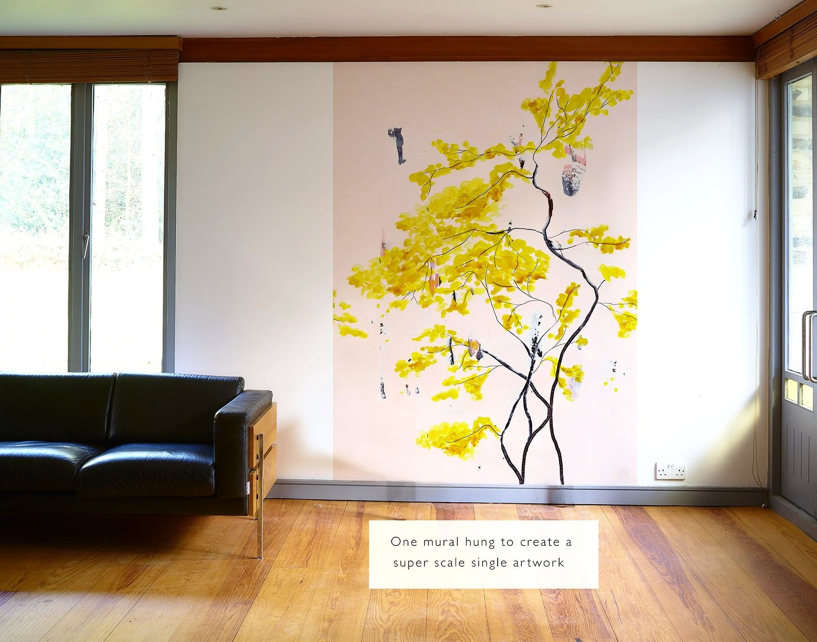 Chinese Tree in Blush mural wallpaper by Anna Jacobs - hung as superscale artwork in a mid century modern apartment