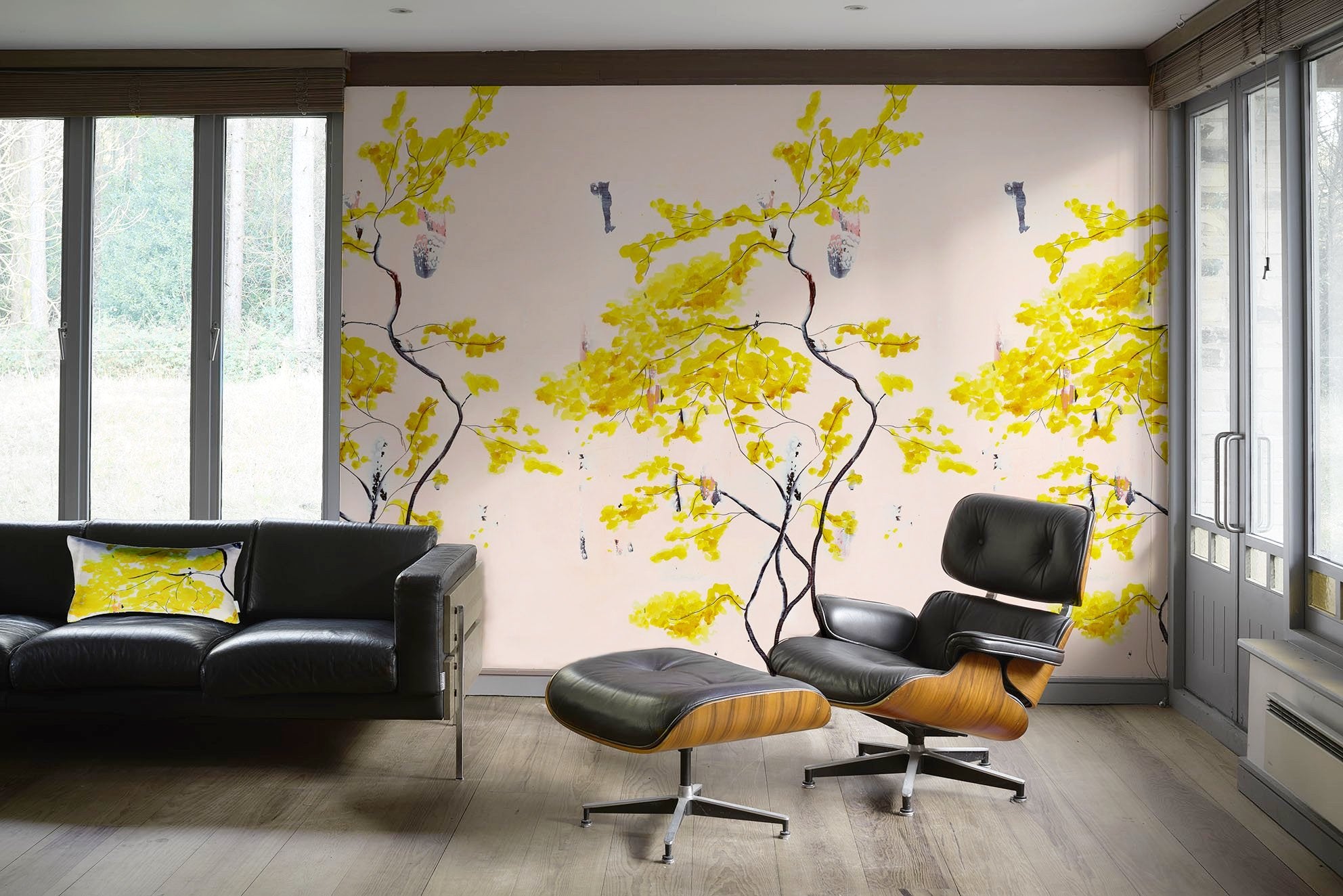 Chinese Tree in Blush mural wallpaper by Anna Jacobs - lifestyle in a mid century modern apartment