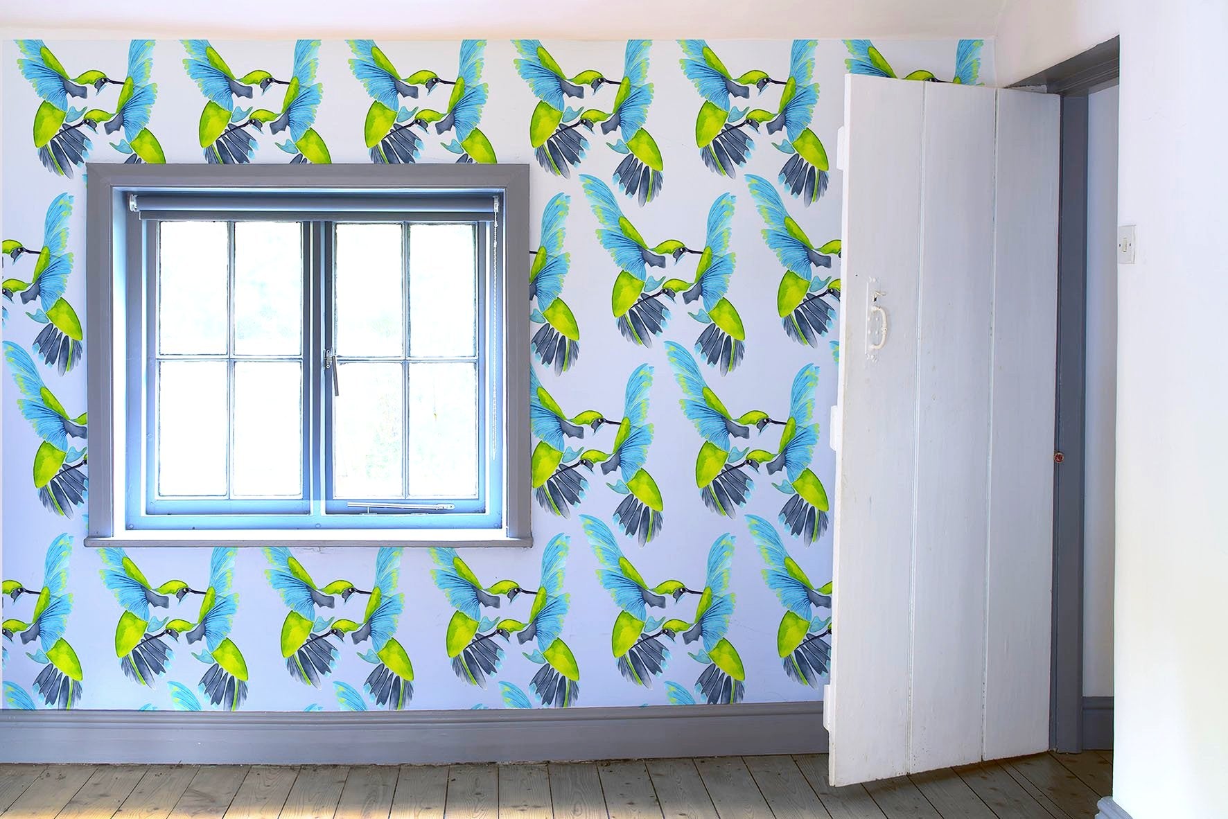 Sipping Nectar wallpaper by Anna Jacobs in cottage with window