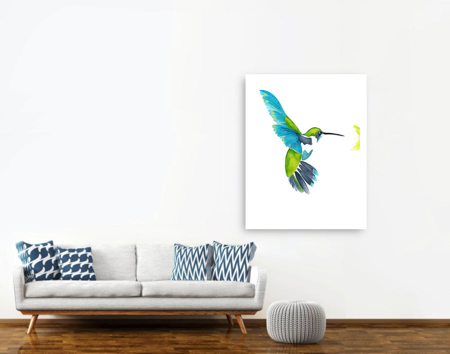 hummingbird in blue and green print - Sipping Nectar by Anna Jacobs