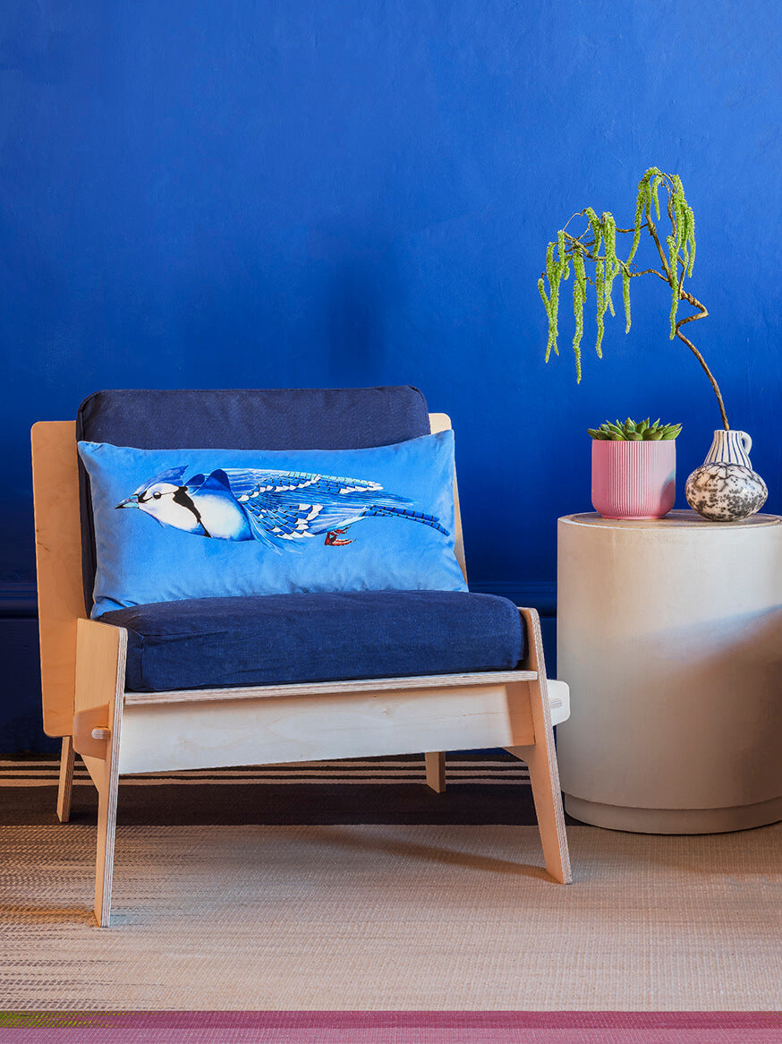 Blue Jay velvet bolster cushion by Anna Jacobs in a lifestyle setting