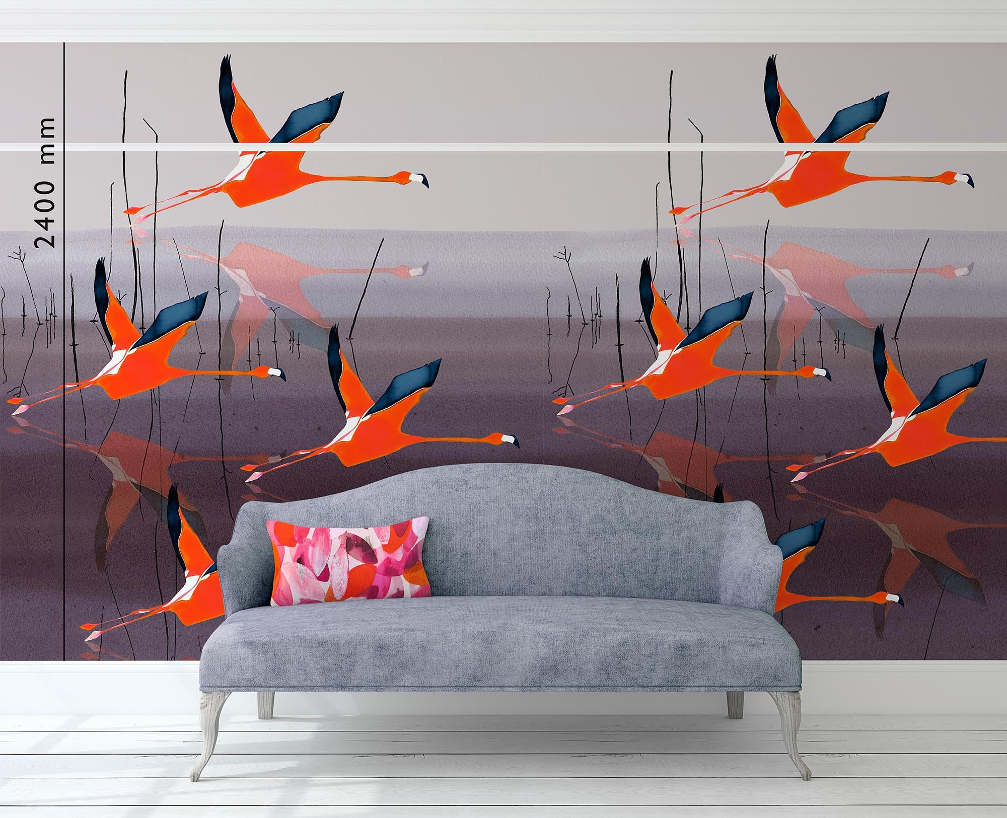 Breaking Dawn in Orange mural wallpaper by Anna Jacobs, lifestyle image with picture rail