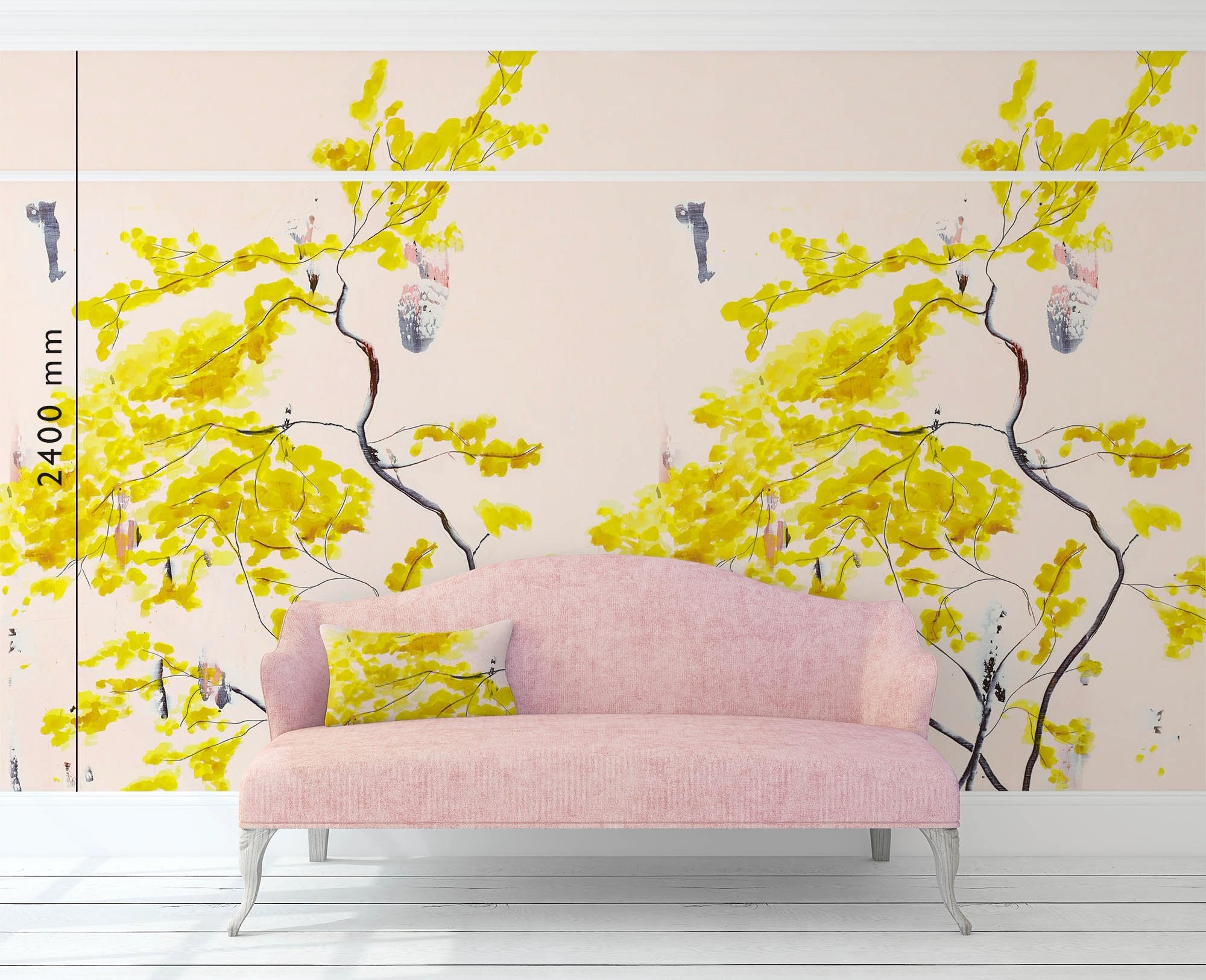 Chinese Tree in Blush mural wallpaper by Anna Jacobs - with picture rail and pink sofa