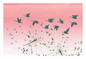 Green geese and seed heads flying across pink dusk sky - print by Anna Jacobs