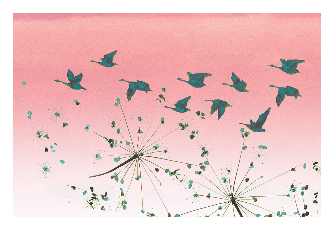 Green geese and seed heads flying across pink dusk sky - print by Anna Jacobs