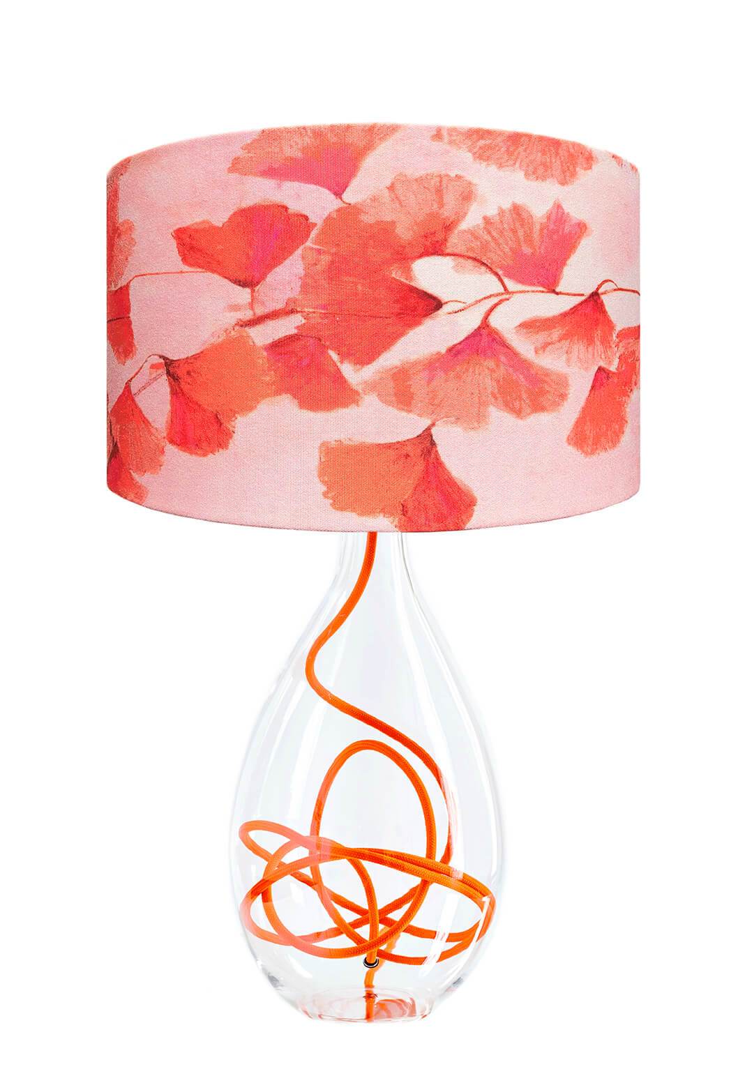 Ginkgo in Coral lamp on Clementine orange flex glass lamp base designed by Anna Jacobs