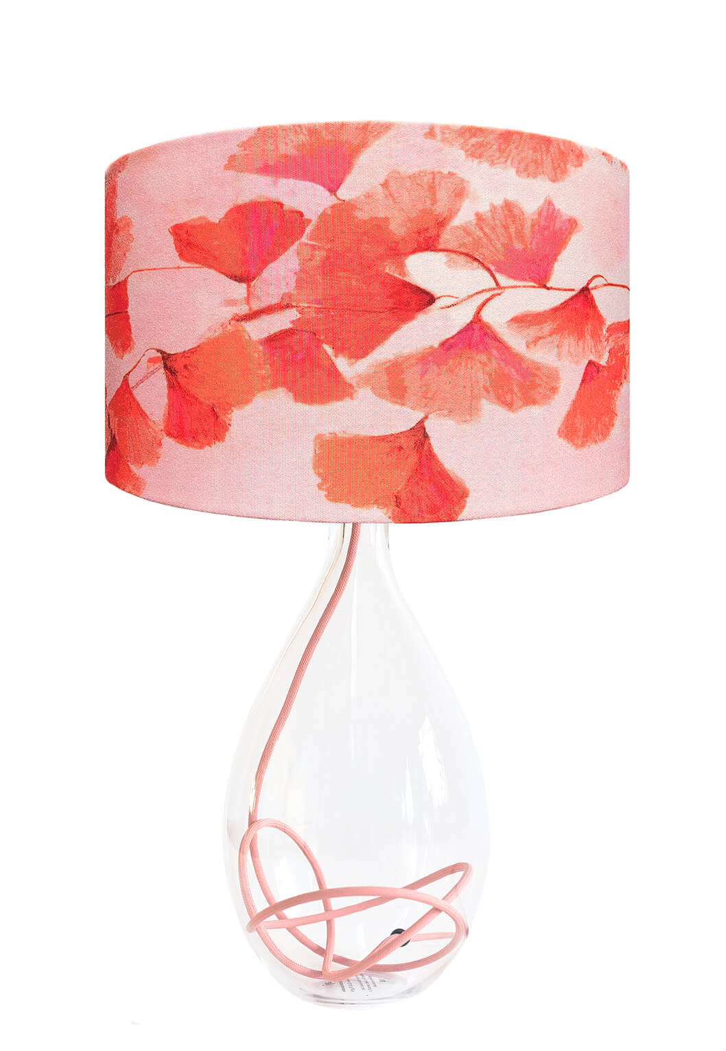 Ginkgo in Coral lamp on Rose flex glass lamp base designed by Anna Jacobs