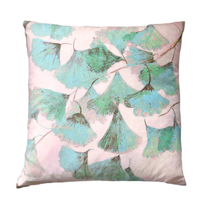 Green and pink velvet cushion - Ginkgo in Jade - by Anna Jacobs