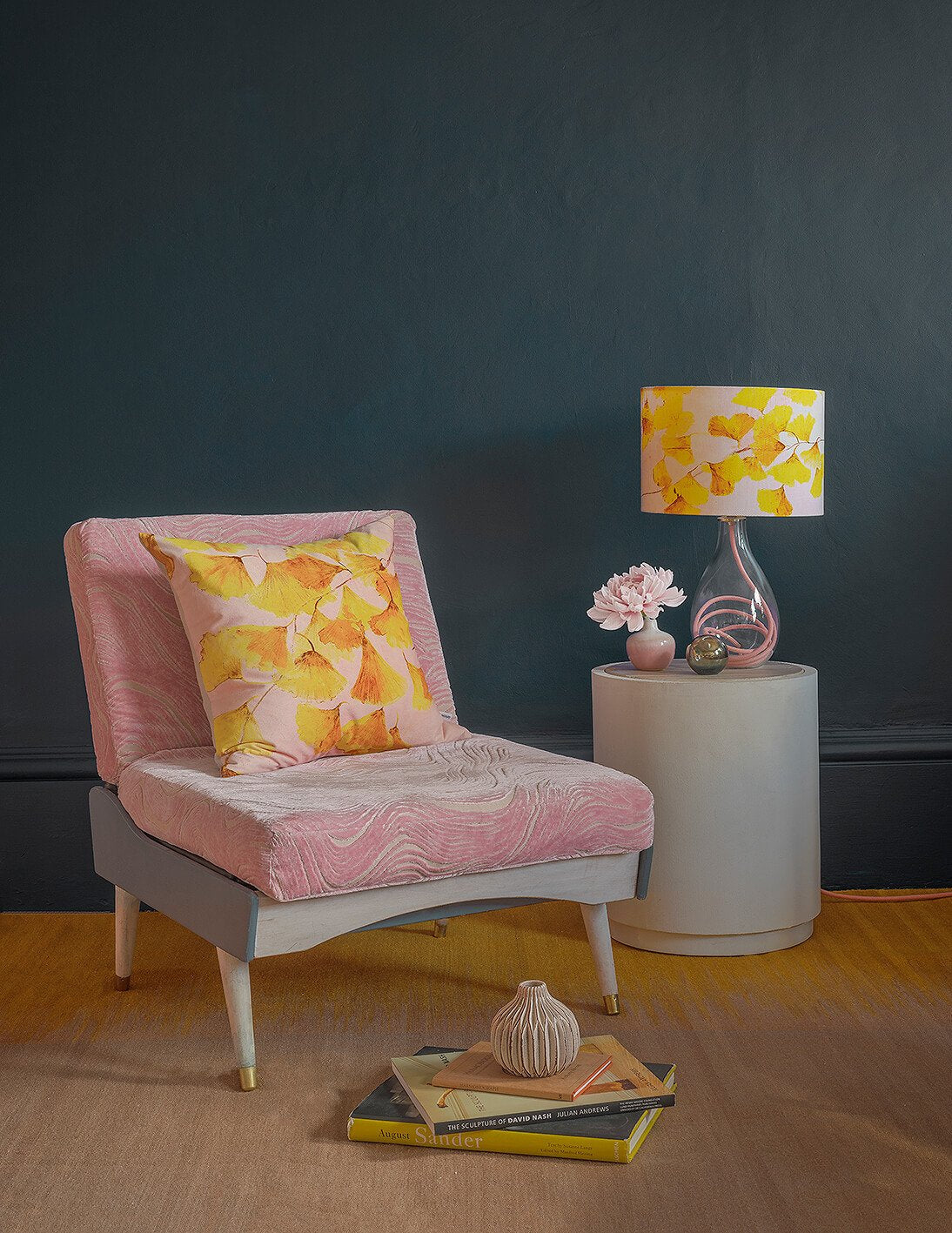 Ginkgo in Sunshine yellow velvet cushion and glass lamp with Rose flex, designed by Anna Jacobs, in a living room lifestyle setting