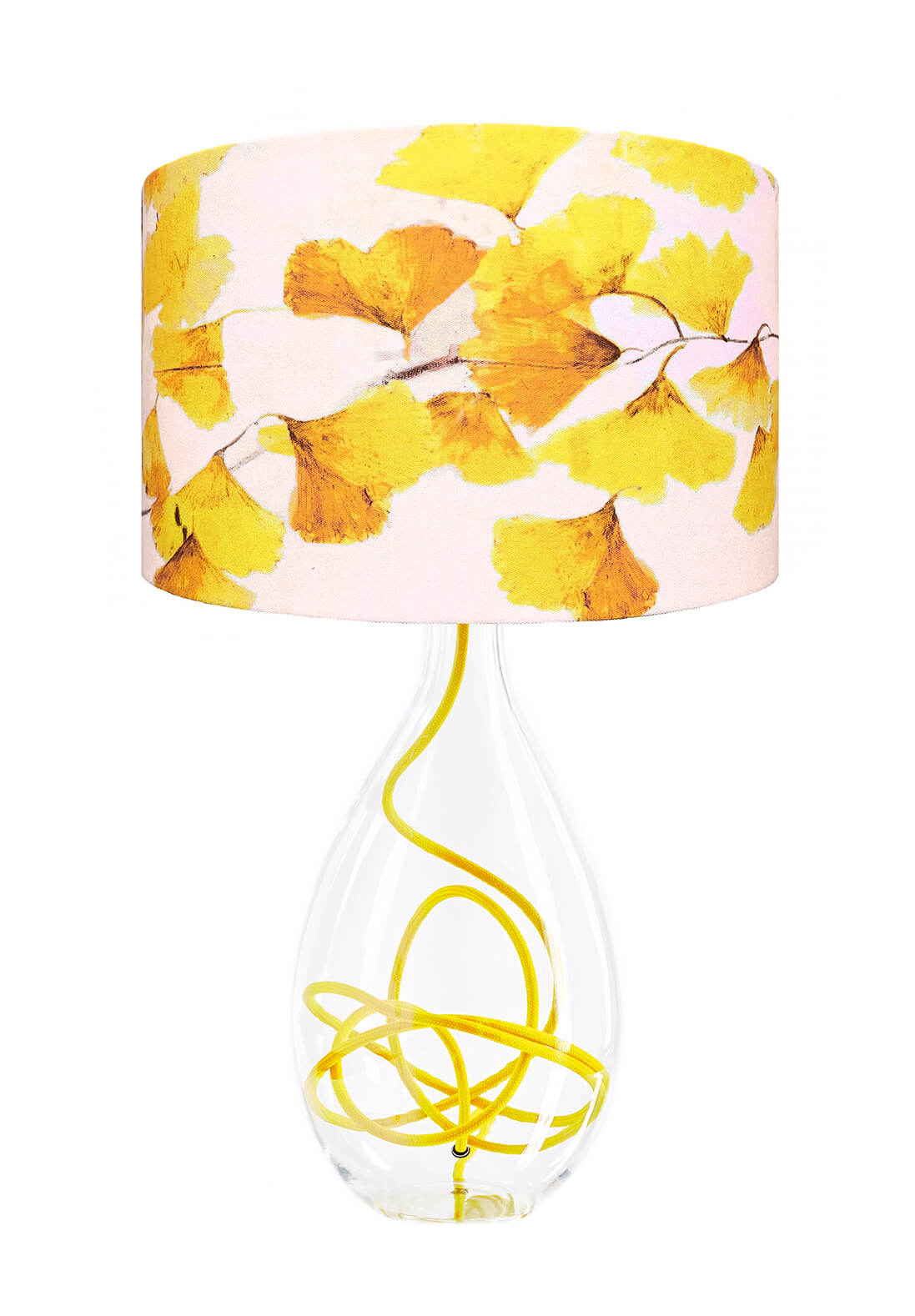 Ginkgo in Sunshine glass lamp with yellow flex, designed by Anna Jacobs