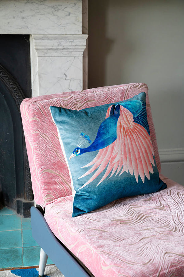 Flying Peacockvelvet cushion Anna Jacobs