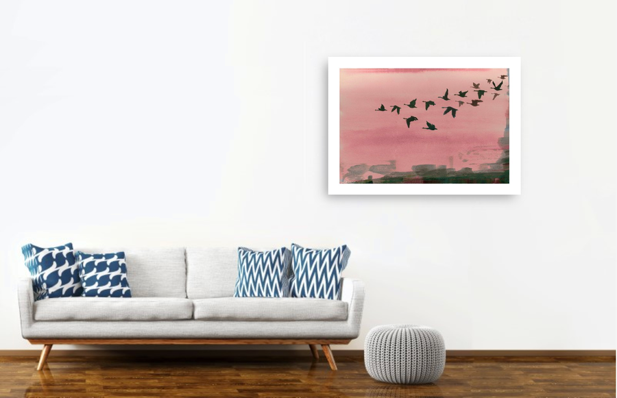 Urban Flight in Rose print by Anna Jacobs - dark silhouetted birds flying across a rose pink background and abstract urban lansdcabe
