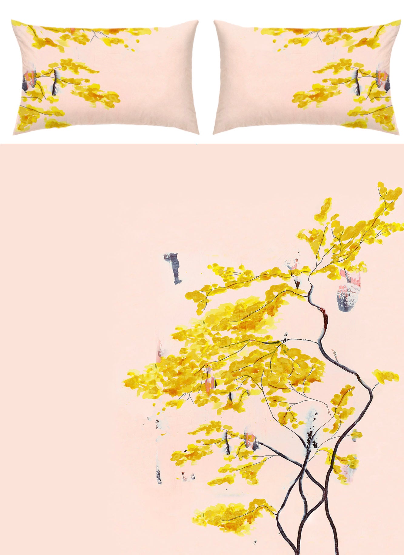 Anna Jacobs Chinese Tree in Blush bed linen in a lifestyle setting with Afternoon Dreaming print on the wall, Beak Street in Rose cushion and Rose Hummer lamp on Rose flex