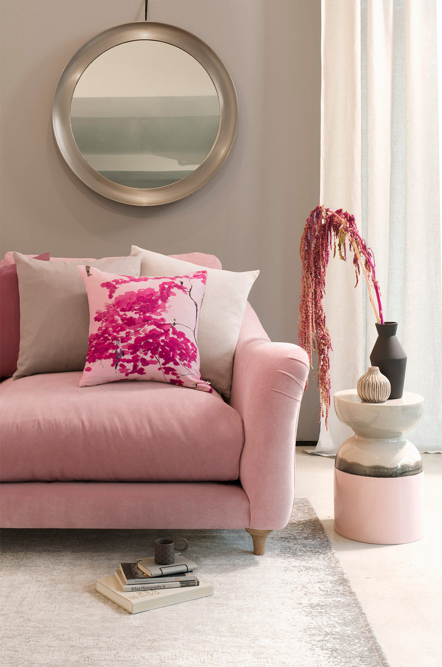 Violet bolster cushion - Chinese Tree in Pink and Violet bolster by Anna Jacobs