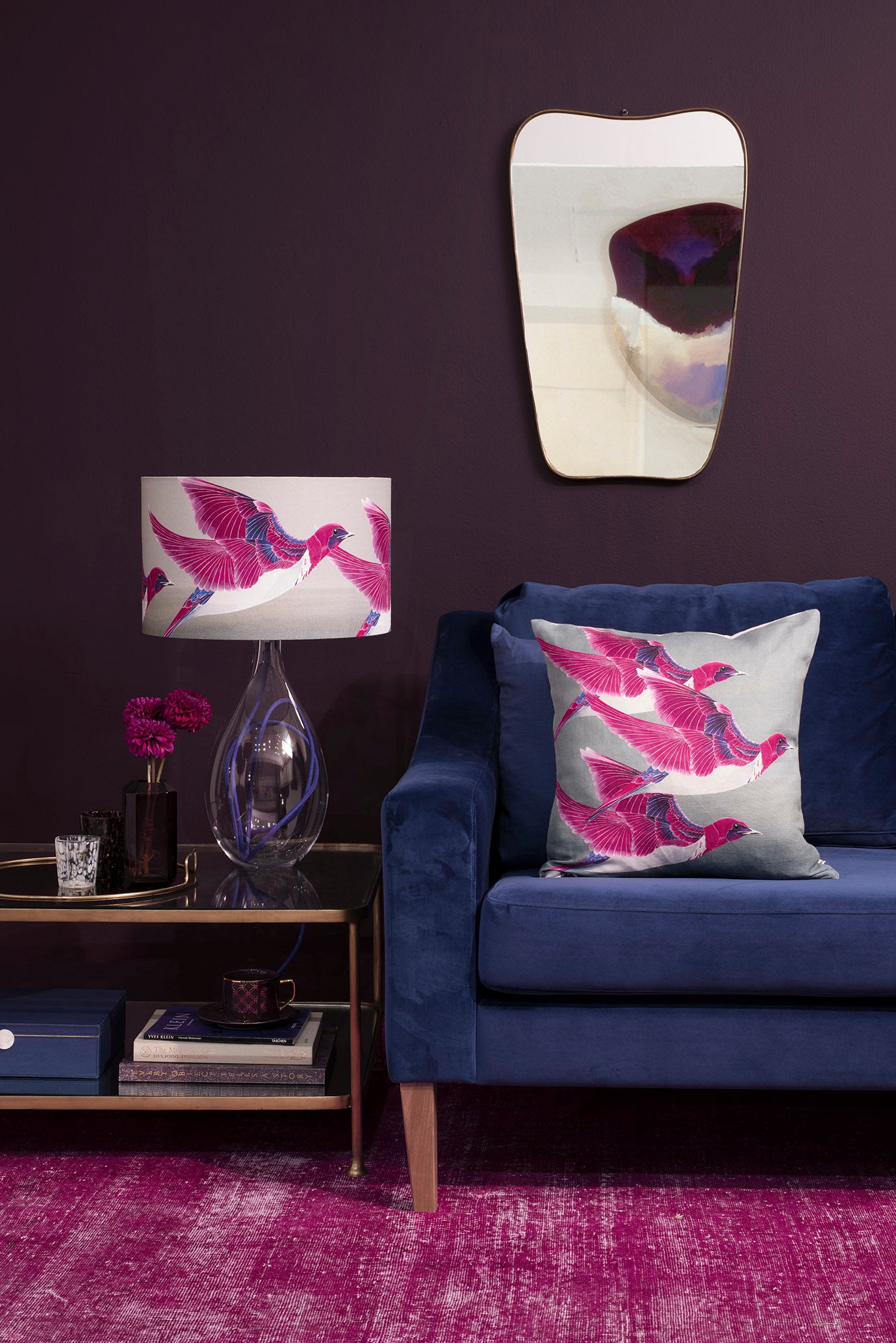 Starling cushion - Violet Backed Starling linen cushion by Anna Jacobs - lifestyle